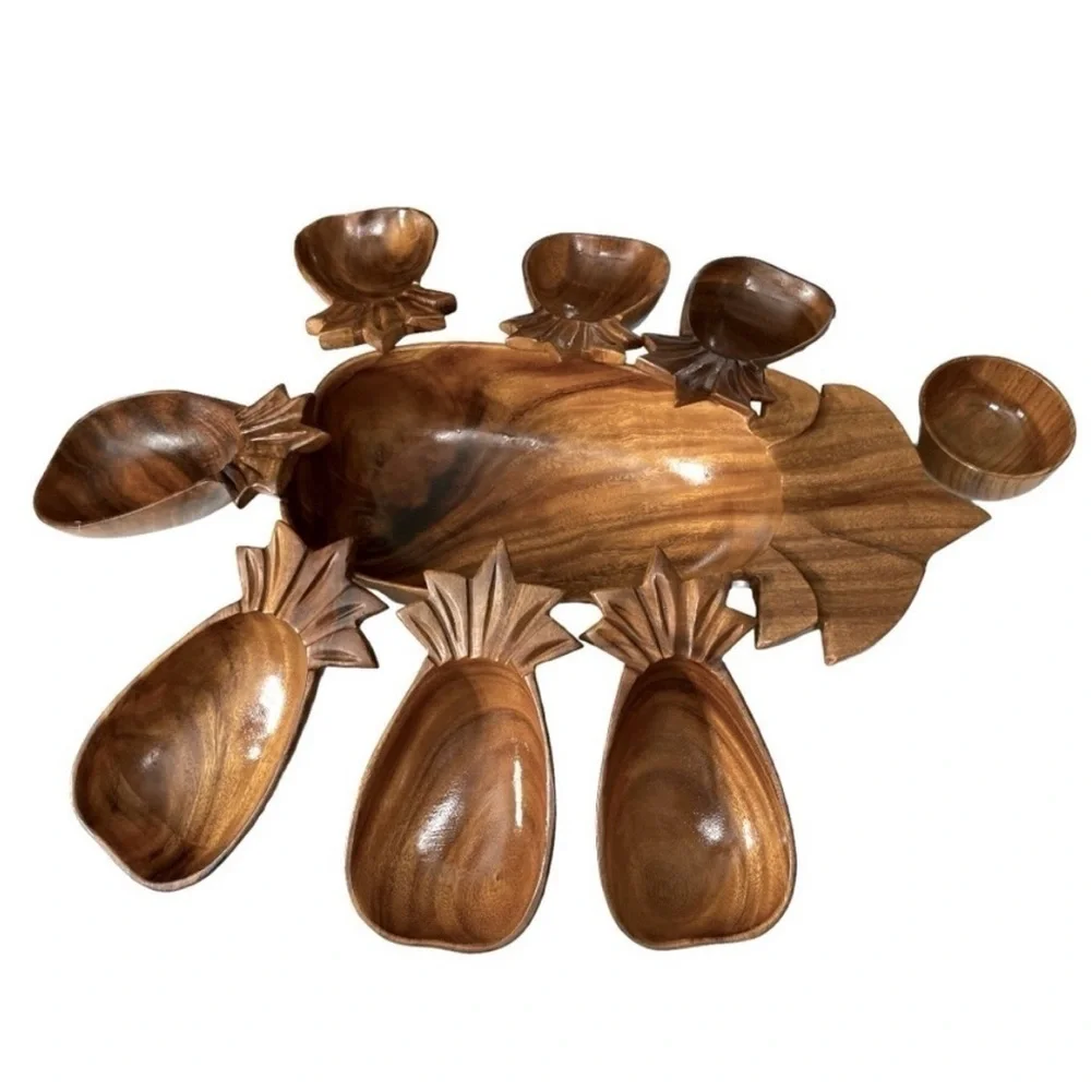 Vintage 1960s Monkey Pod Wood Pineapple Salad Bowl Set 9 Pc Philippines